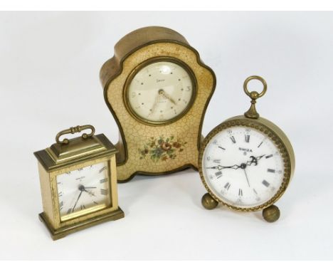 SWIZA CLOCKS. A Swiza small clock with musical movement & faux crackled lacquer case. Also, two other Swiza clocks each with 