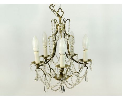 CHANDELIER. A glass & crystal five branch chandelier. Drop from fitment 53cm.  For safety, all used lighting should be checke