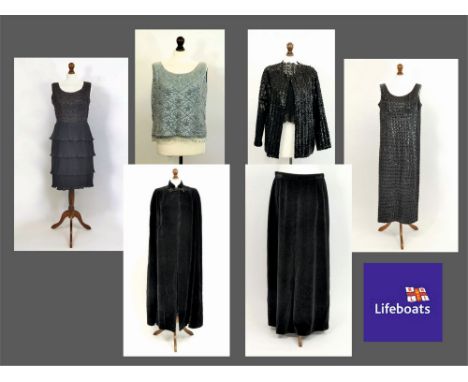 EVENING WEAR. Six various evening garments, including a black full length cloak & black evening skirt. Also, a black beaded &