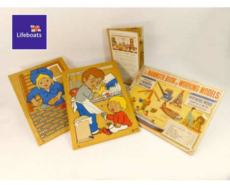 DUTCH PUZZLES ETC. Two Dutch Rolf wooden puzzles by Hal, 40 x 27.5cm. Also, a Mammoth Book of Working Models, containing card