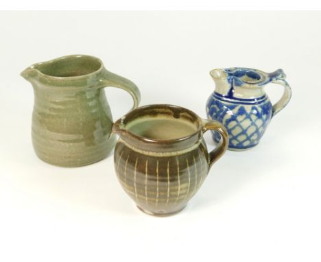 LEACH STANDARD WARE ETC. Two Leach Pottery Standard Ware jugs, both marked, & a Nic Harrison Trelowarren Pottery small jug wi