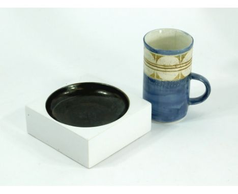 TROIKA POTTERY. Troika Pottery, Newlyn coffee mug & ash tray. Ash tray has small stress crack, mug has light stress cracks & 