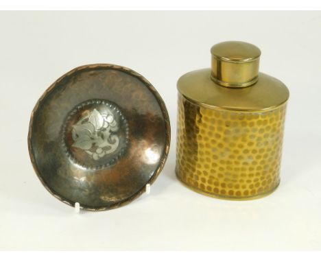 BRIAN WALLIS ETC. A copper & tin small dish by Brian Wallis, diameter 11cm. Also, a hammered brass tea caddy.  Please note th