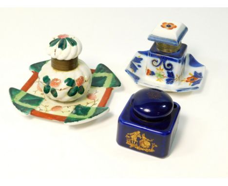 CERAMIC INKWELLS. Two Victorian ceramic inkwells with hinged tops & a Limoges inkwell.  Please note that all items in this au