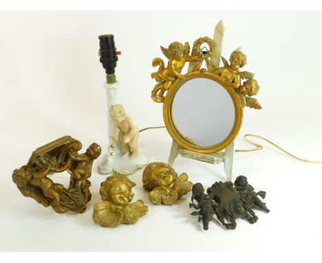 CHERUBS ETC. Plaster wall cherubs, a plaster cherubs wall bracket, etc. Also a Bavarian porcelain table lamp, a miniature eas