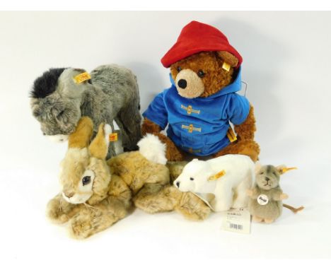 STEIFF. Four modern Steiff animals, all with tags. Also, a modern Paddington Bear by Steiff, with ear tag & swing label.  Ple