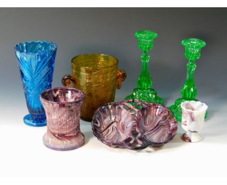 VICTORIAN GLASS ETC. Two pieces of Victorian amethyst malachite pressed glass, a pair of green pressed glass candlesticks, he
