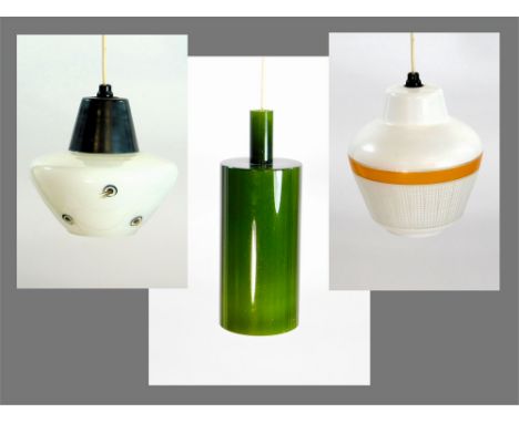 1960's LAMPSHADE. Three 1960's glass pendant lampshades including a Scandinavian style cylindrical green glass shade. Height 