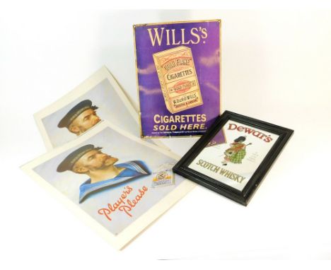 ADVERTISING. Two original Players Please cardboard advertising posters. Each 53 x 38cm. Also, a Dewars Scotch Whisky advertis