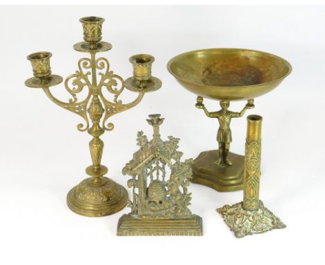 CANDLE HOLDERS ETC. A cast brass candle holder, the column with ecclesiastical detail. Height 18cm. Also, a cast brass candel