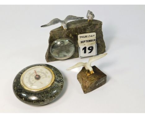 CORNISH SERPENTINE. A turned Cornish serpentine desk thermometer, and two souvenirs for St. Ives & The Isles of Scilly.  Plea