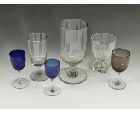 RUMMERS ETC. A large plain rummer, 20cm, & two other rummers including one with cut glass bowl & square foot. Also, two Brist