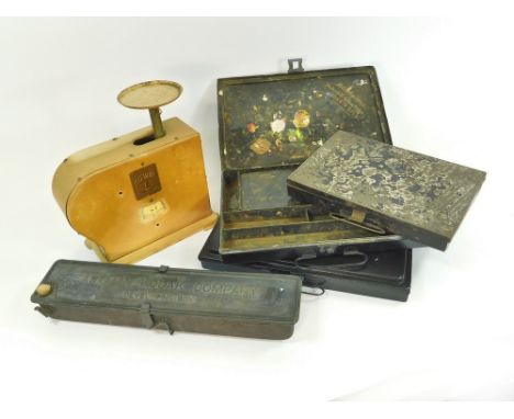 ARTIST'S BOXES ETC. Two metal artist's boxes including Windsor & Newton's Kensington box, re-painted. Also, one other small a