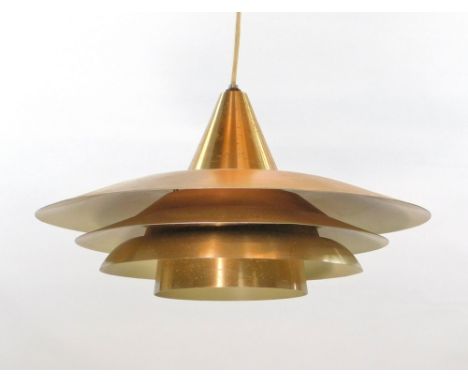 1960's LAMPSHADE. A 1960's lacquered aluminium, Scandinavian style, three tier pendant lampshade. Diameter 38cm. For safety, 
