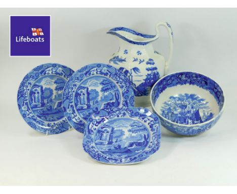 WEDGWOOD ETC. A Wedgwood Ferrara pattern bowl, 23cm. Also, three Spode Italian plates & a large Booth's Willow pattern jug. J