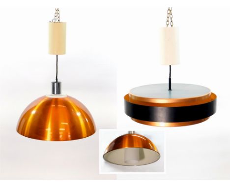 1960's LAMPSHADE. Two 1960's 'rise & fall' lampshades: a domed, orange lacquered aluminium shade with frosted glass centre & 
