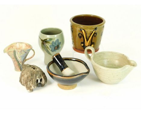 MISCELLANEOUS STUDIO POTTERY. Seven pieces including an Eeles Pottery vase, a Briglin 'Dougal' money box, a John Pollex plant