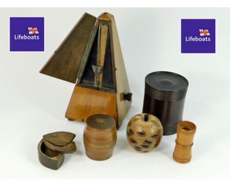 METRONOME ETC. A French metronome (catch broken, missing feet) & two turned boxes etc.  Please note that all items in this au