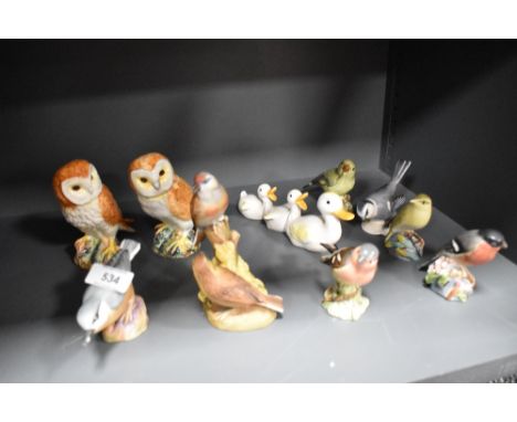 Ten various Bird studies, Beswick Barn Owl x2 2026, Greenfinch 2105, Chaffinch 991, Duck Family 765, Royal Worcester Bullfinc