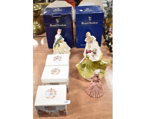 Three Royal Doulton figurines, Happy Birthday HN3095, boxed, Joan HN3217, Lynne HN2329 along with a wade style figurine and t