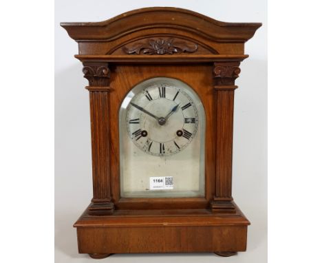 Edwardian walnut architectural cased mantel clock, silvered Roman dial, twin train movement stamped 107850, striking the hour