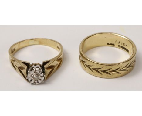 9ct gold wedding band and matching 9ct single stone diamond ring  both hallmarked (2)   Condition Report   Click here for fur