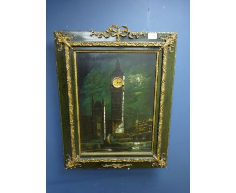 20th century Big Ben print, mother of pearl overlay, with clock movement set into clock tower and music box, in ornate green 