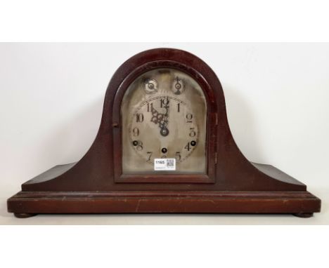 20th century mahogany dome cased Kienzle mantel clock, silvered Roman dial, quarter hour striking/chiming triple train moveme