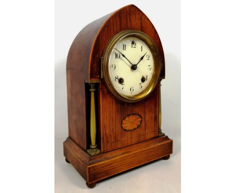 Edwardian inlaid mahogany lancet cased mantel clock, twin train movement striking the half hours on a coil, H29cm   Condition
