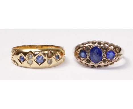 Sapphire and seed pearl gypsy ring hallmarked 15ct and a similar ring hallmarked 9ct   Condition Report   Click here for furt