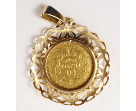 Napoleon III 10 franc gold coin dated 1856 loose mounted in gold pendant tested to 18ct approx 5.8gm gross   Condition Report