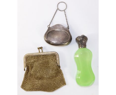 Hallmarked silver compact in the form of a purse, green opaque glass scent flask and silver-gilt mesh purse   Condition Repor