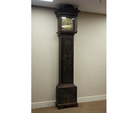 19th century heavily carved oak cased longcase clock, 8-day movement striking on bell, engraved brass dial with false date ap