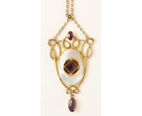 Art Nouveau amethyst and mother of pearl pendant necklace stamped 9ct   Condition Report   Click here for further images, con