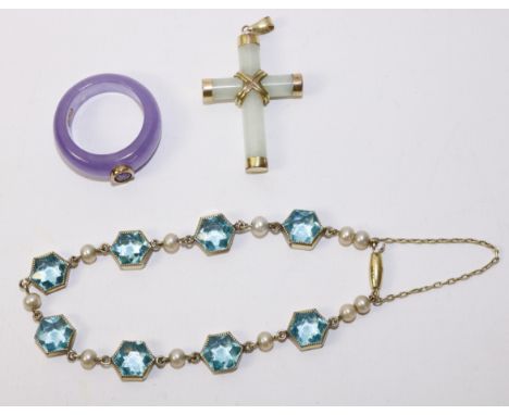 Blue stone and pearl set bracelet stamped 10k, amethyst ring stamped 9k and a similar cross   Condition Report   Click here f