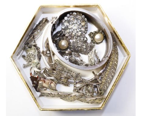 Victorian hallmarked silver bangle, hinged bangle with enamel floral decoration, collection of marcasite brooches and pairs e