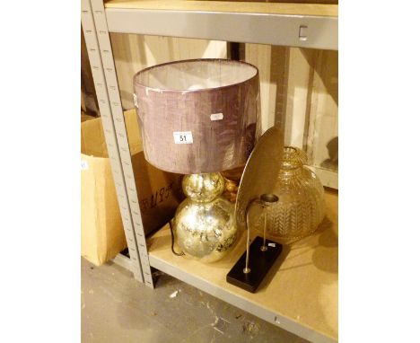 Table lamp, glass shade, a large vase and tea light holders