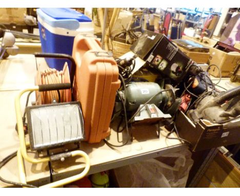 Large collection of electric hand tools - drills, saws, sanders and nail gun etc 