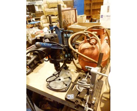 Collection of mixed workshop tools including drill stand and brazing equipment 