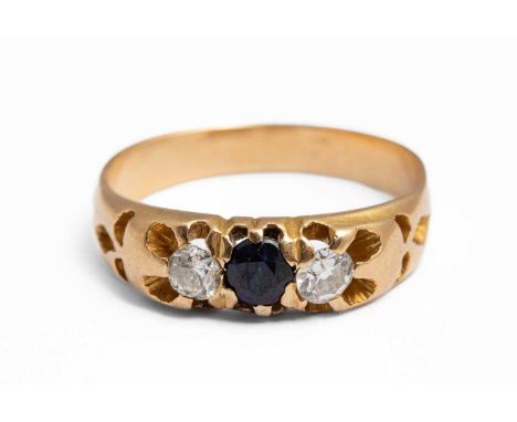 A yellow gold sapphire and diamond three stone ring, ring size N, total gross weight approximately 3.3g, unmarked assessed as