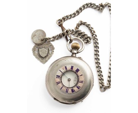 A silver half-hunter pocket watch, Adolf Ries, Birmingham 1884, the engine-turned case with blue enamel Roman numerals, 5cm d