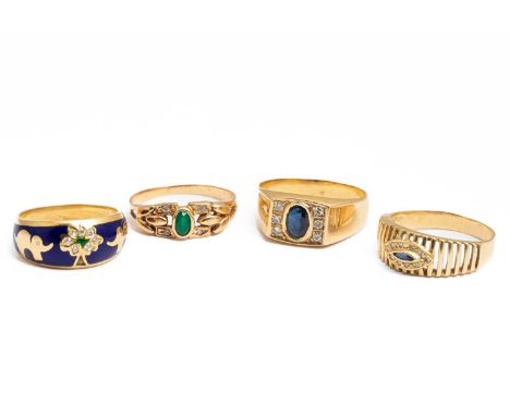 Four Portuguese 19k yellow gold gem set rings, set with sapphires, enamel, green stone and diamond simulants, ring sizes Q, T