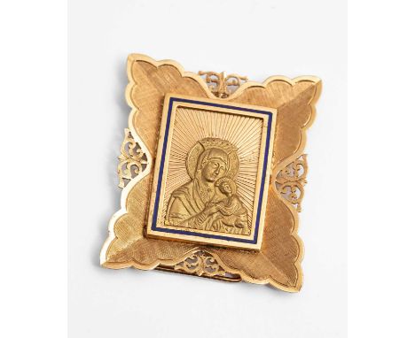 An 18k yellow gold miniature icon, the central panel depicting the Madonna and child within a thin blue enamel border, the pi