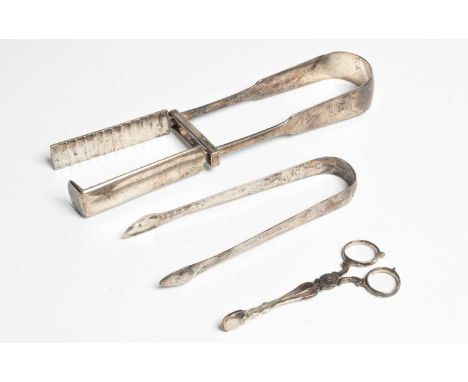 A pair of George III silver asparagus tongs, S H, London 1812, 22cm long, a pair of George III sugar tongs, Samuel Godbehere,