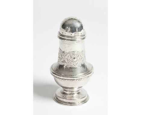 An Arts &amp; Crafts silver pepper pot, Omar Ramsden, London 1916, with domed lid and Tudor rose chased body with ropetwist b