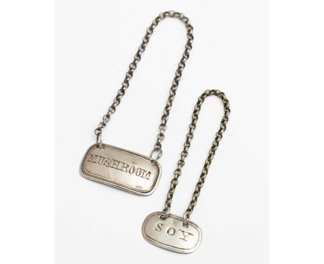 Two silver spice labels one for Soy, Charles Rawlings &amp; William Summers, London 1836, the other for Mushroom, unmarked, a