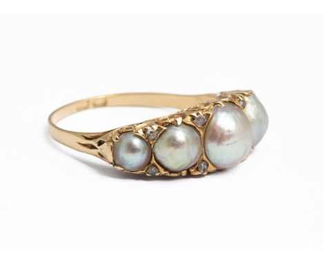 A Victorian 18ct yellow gold pearl five-stone ring, set with five graduated pearls and diamond chip highlights, scrolling mou