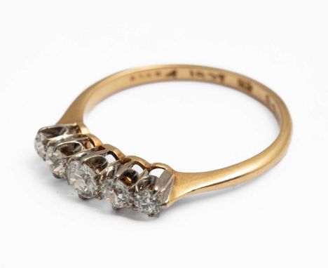 An 18ct yellow gold and diamond five stone ring, set with old cut diamonds, estimated total diamond weight approximately 0.45