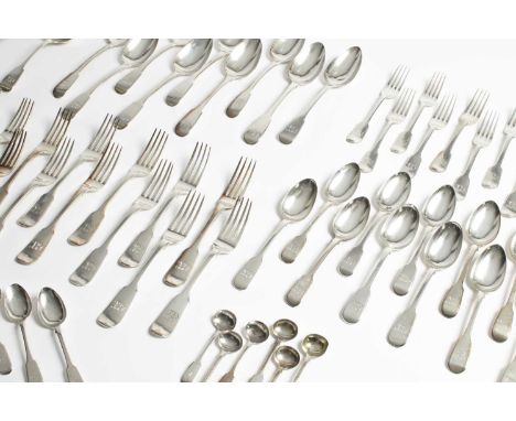 A quantity of silver fiddle pattern flatware, various makers, Georgian and later, comprising nine tablespoons, seventeen tabl