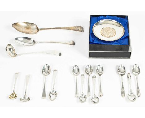 A Scottish silver toddy ladle, J M Jr, Glasgow 1824, sundry silver spoons including part sets of teaspoons and a silver comme